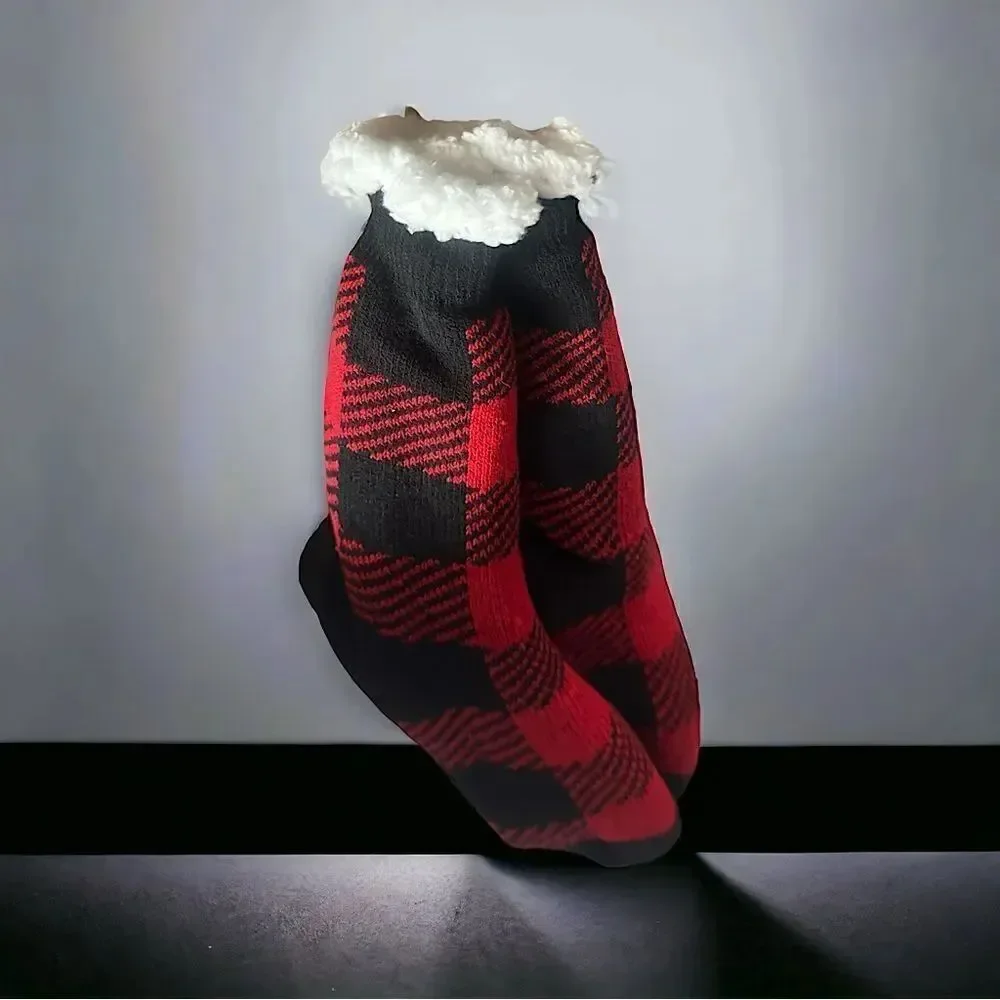 Sherpa Socks l Black & Red Buffalo Plaid l Non-skid Socks l Unisex l New